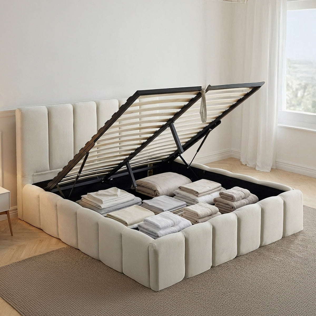 Lit coffre beige Madeleine avec  tête de lit 160x200 cm