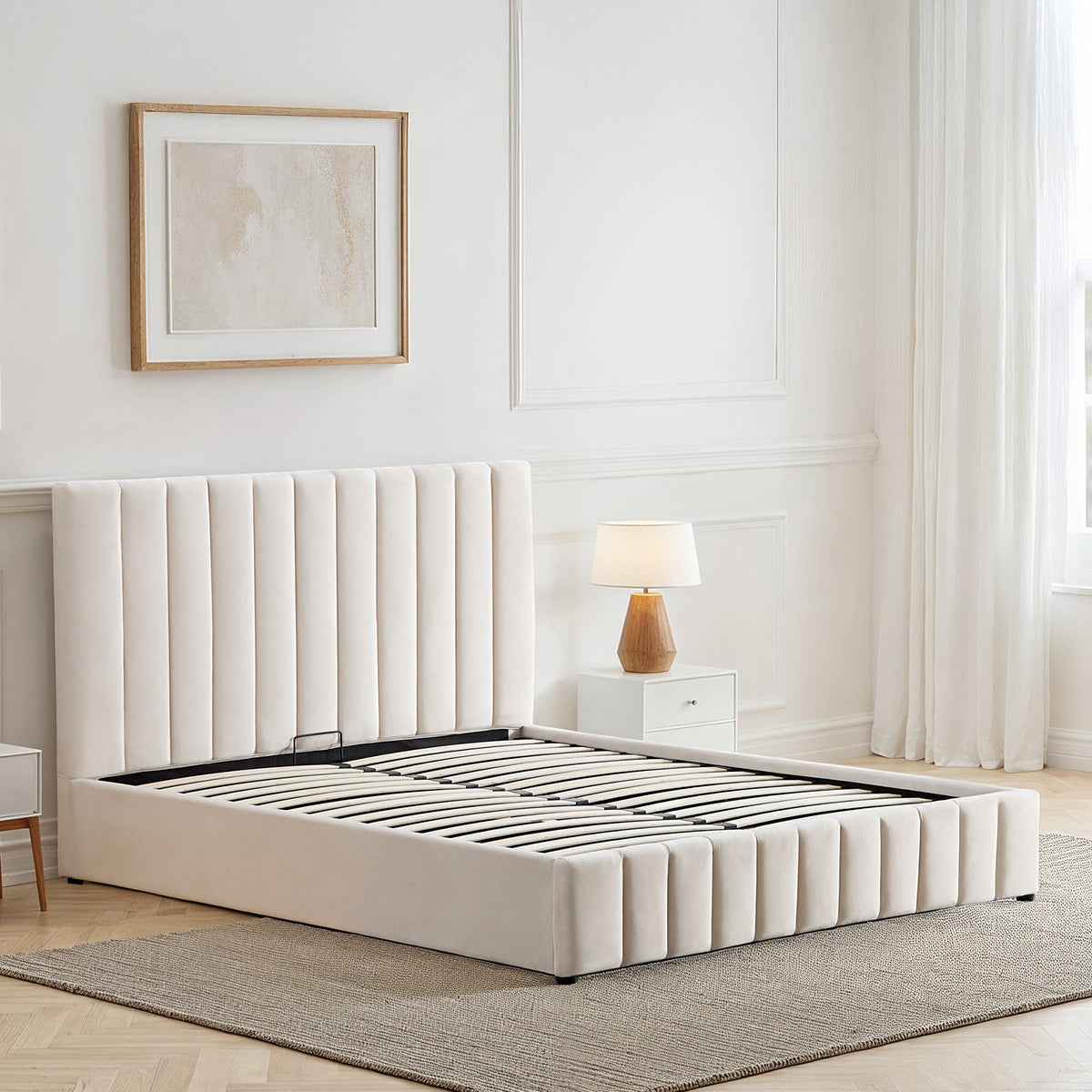 Lit coffre velours beige Trocadero avec  tête de lit 160x200 cm