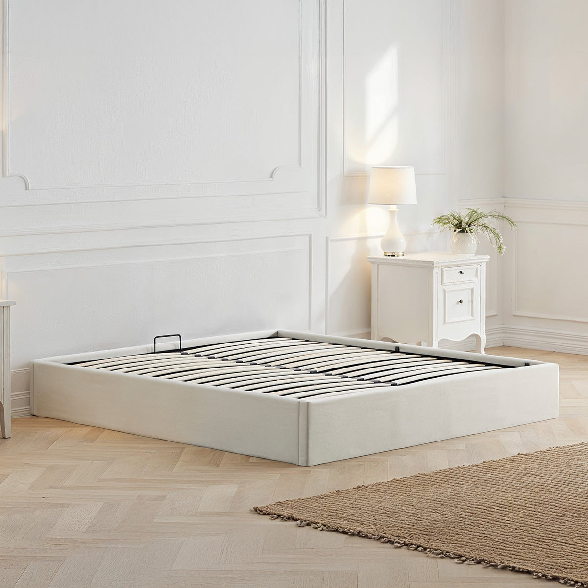 Lit coffre tissu beige Atlas 140x190 cm