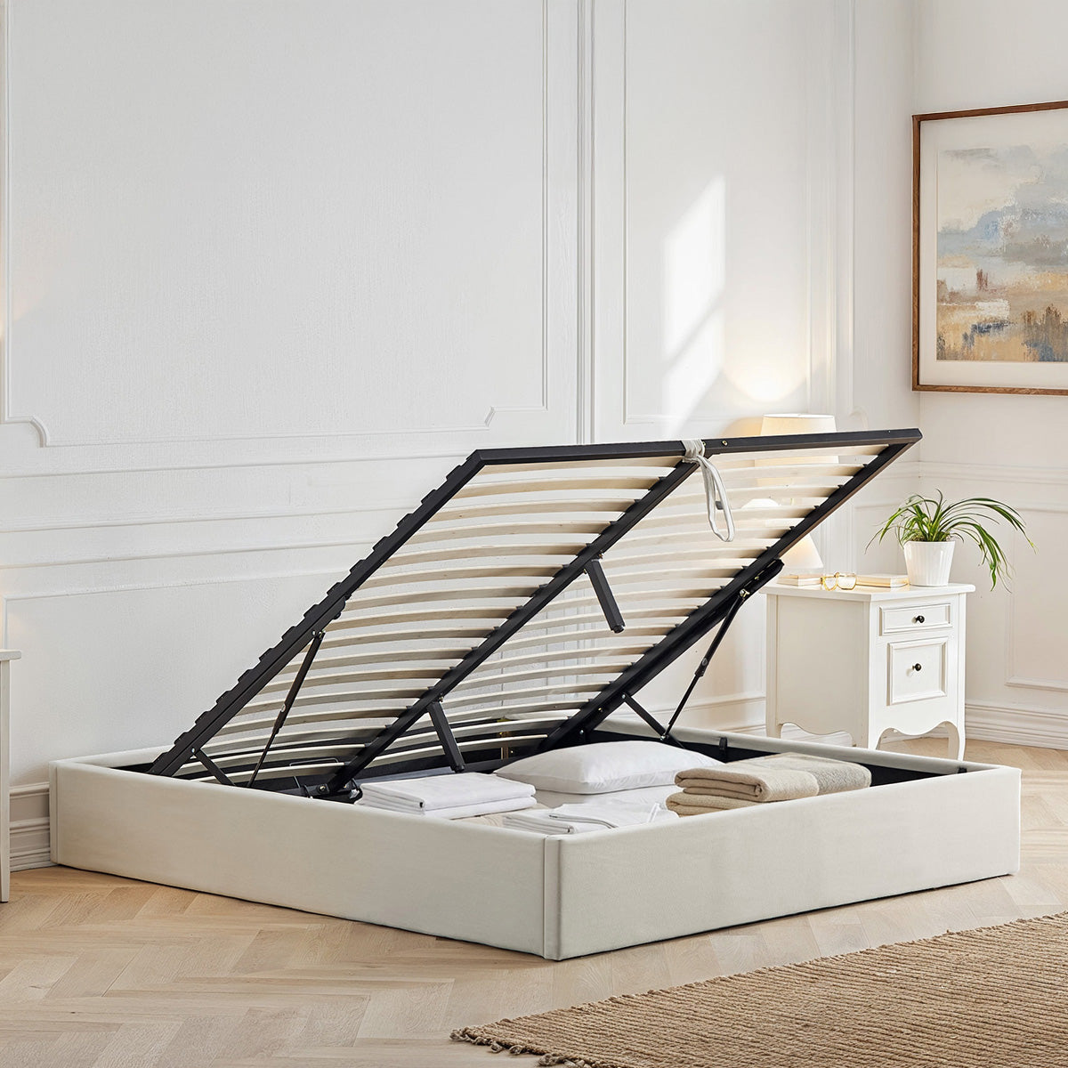 Lit coffre tissu beige Atlas 140x190 cm