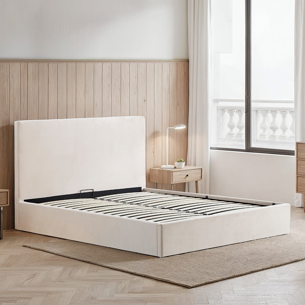 Lit coffre velours beige Nemesis avec  tête de lit 160x200 cm