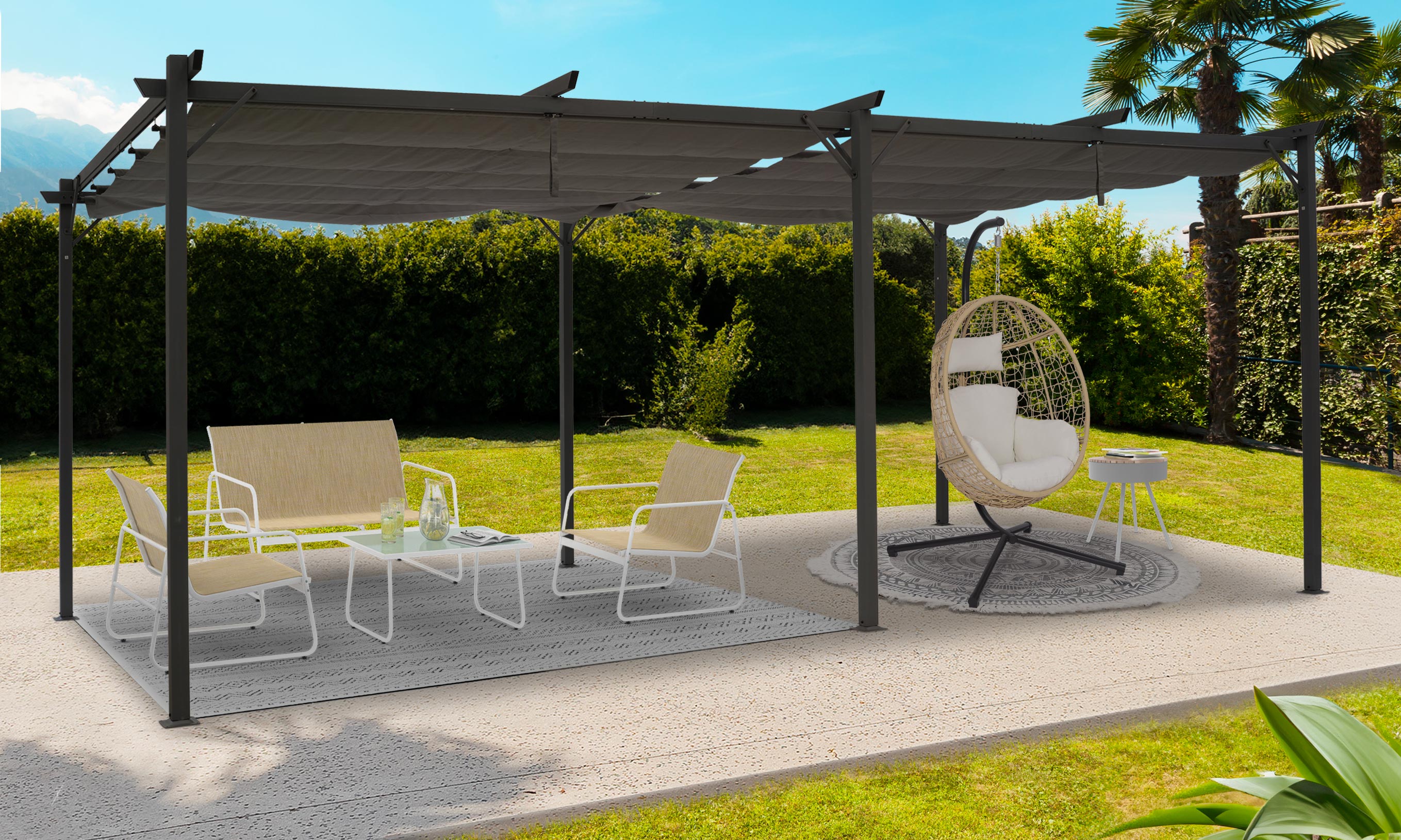 Pergola Marina 3x6m toit rétractable avec 6 stores intégrés gris