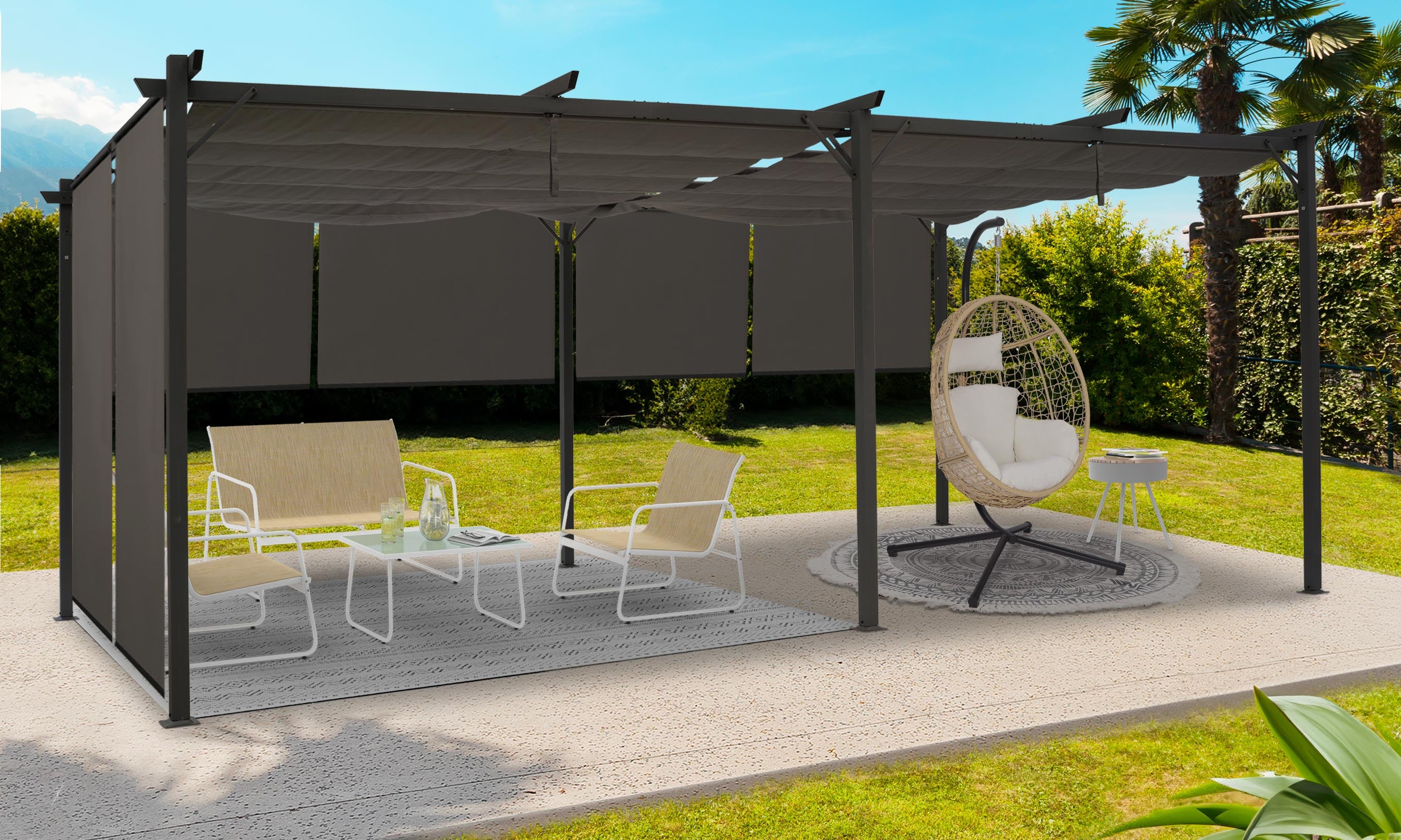 Pergola Marina 3x6m toit rétractable avec 6 stores intégrés gris