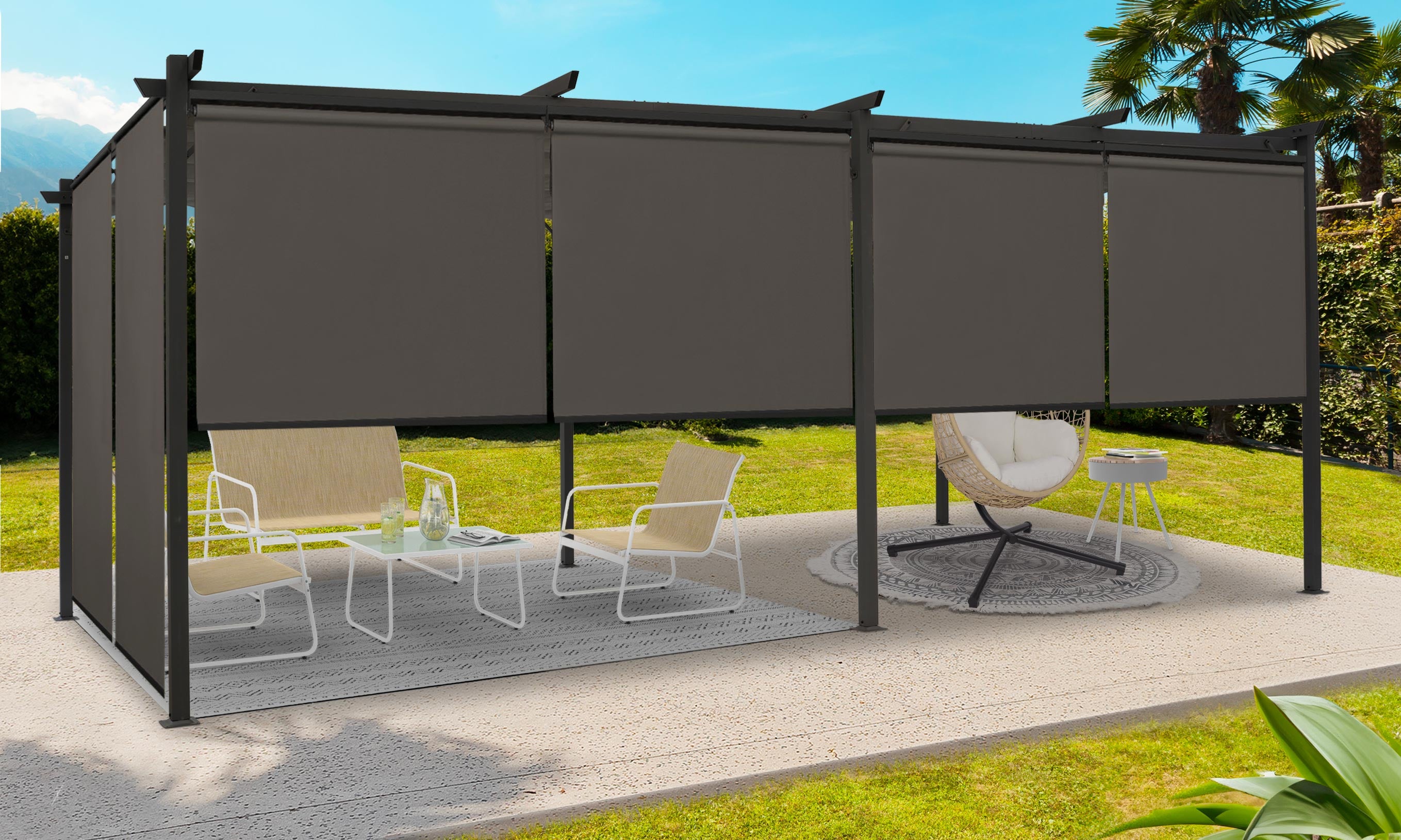 Pergola Marina 3x6m toit rétractable avec 6 stores intégrés gris