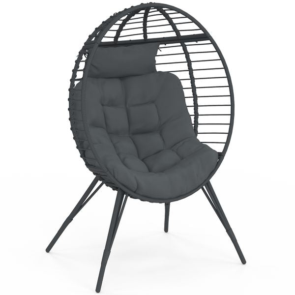 Fauteuil œuf sur pied effet rotin gris avec coussin