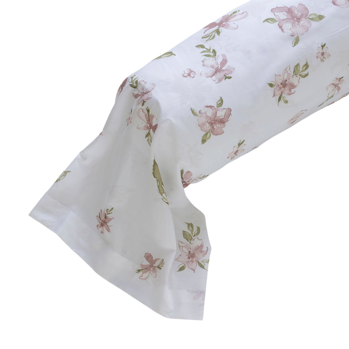 Taie traversin - 86x185cm - motif floral - blanc à fleur rose