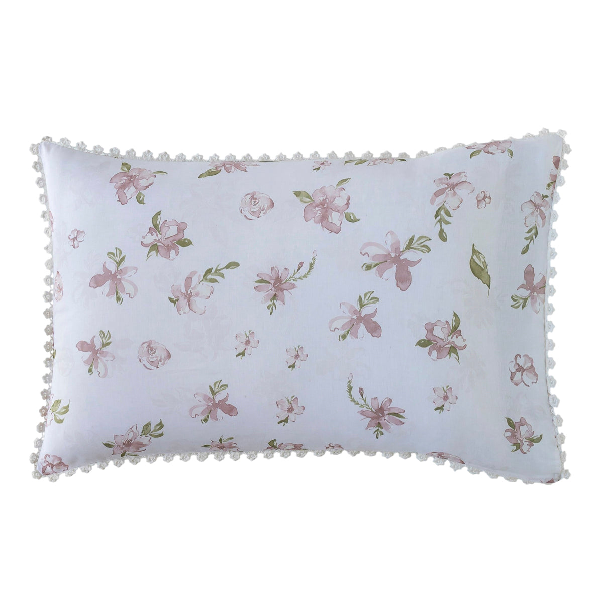 Taie oreiller - 50x75cm - motif floral - blanc à fleur rose
