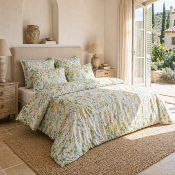 Housse de couette - 140x200cm - tissu percale -  fleurs vertes