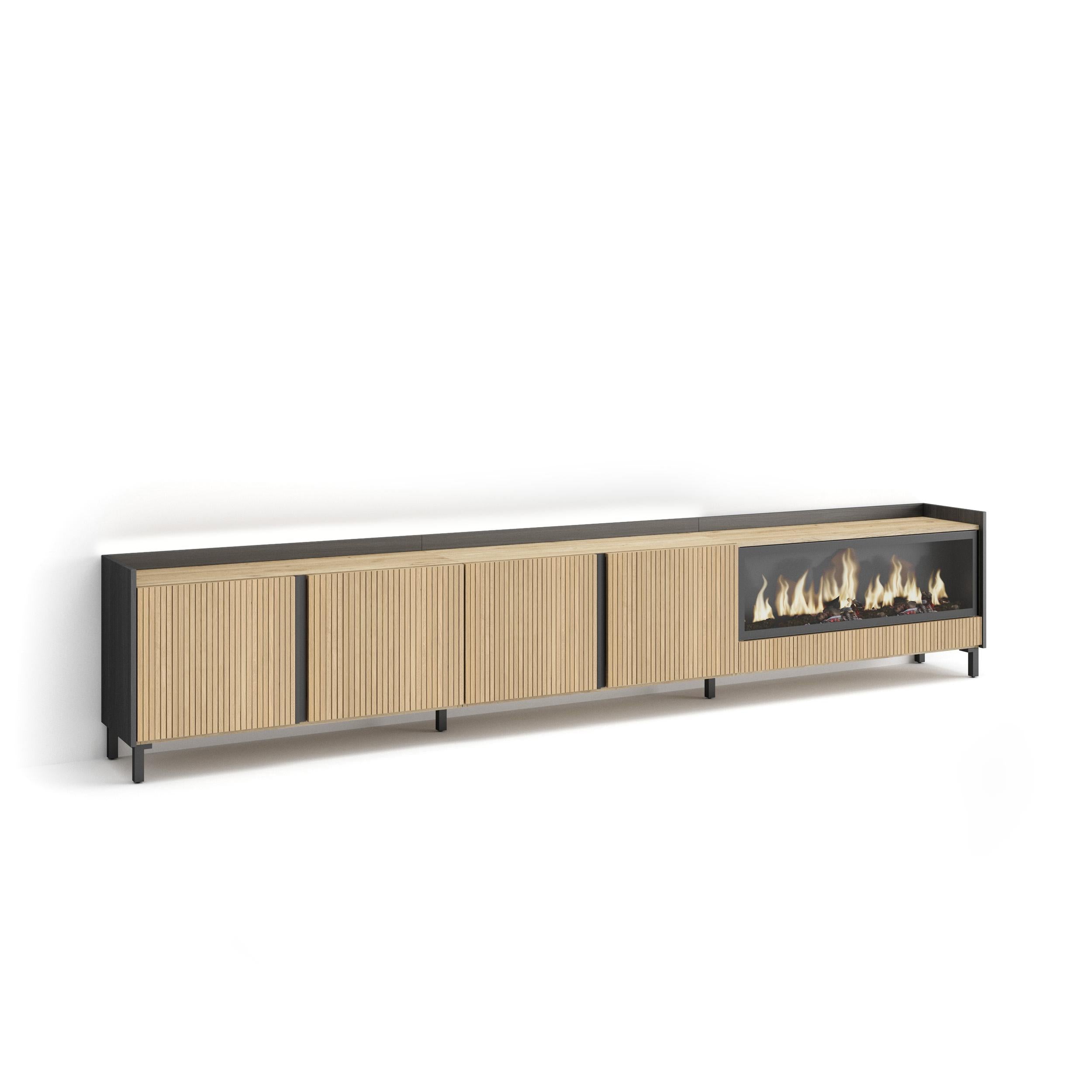 Meuble TV Led 315x61x35 cm Pour les TV jusqu'à 80" Cheminée électrique à droite XXL Design industriel Chêne et noir
