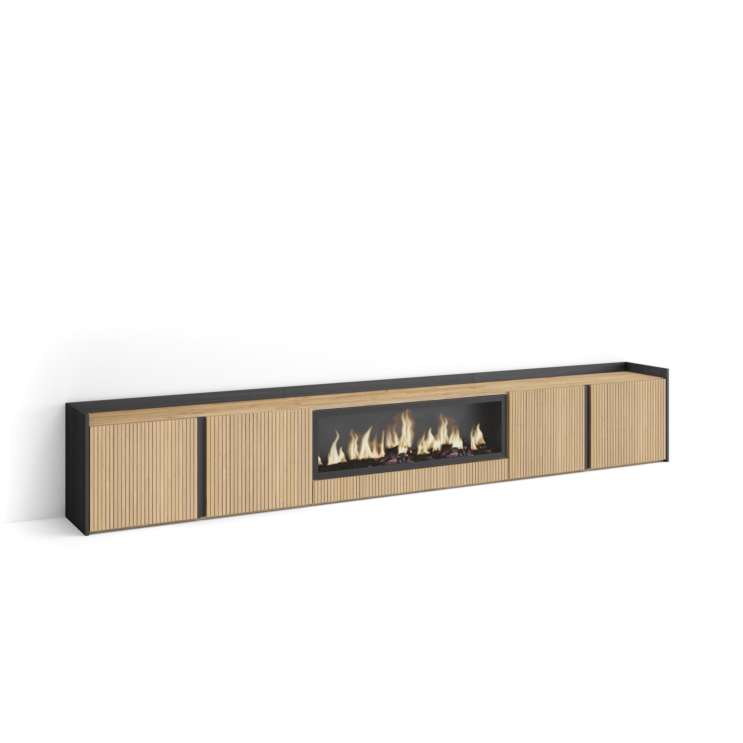 Meuble TV 315x50x35 cm Pour les TV jusqu'à 80" Cheminée électrique au centre XXL Chêne et noir