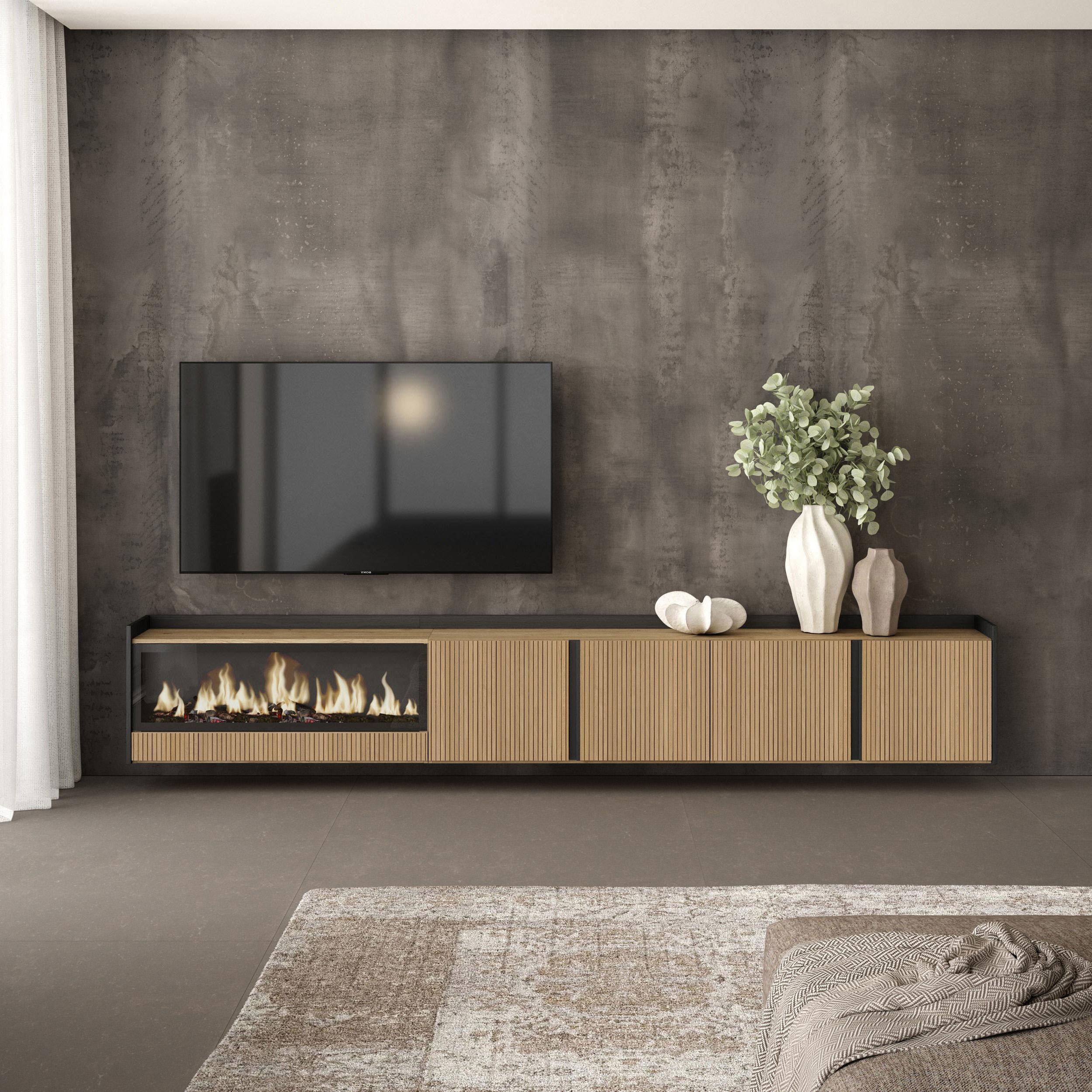 Meuble TV Suspendu 315x50x35 cm Pour les TV jusqu'à 80" Cheminée électrique à gauche XXL Mural Chêne et noir