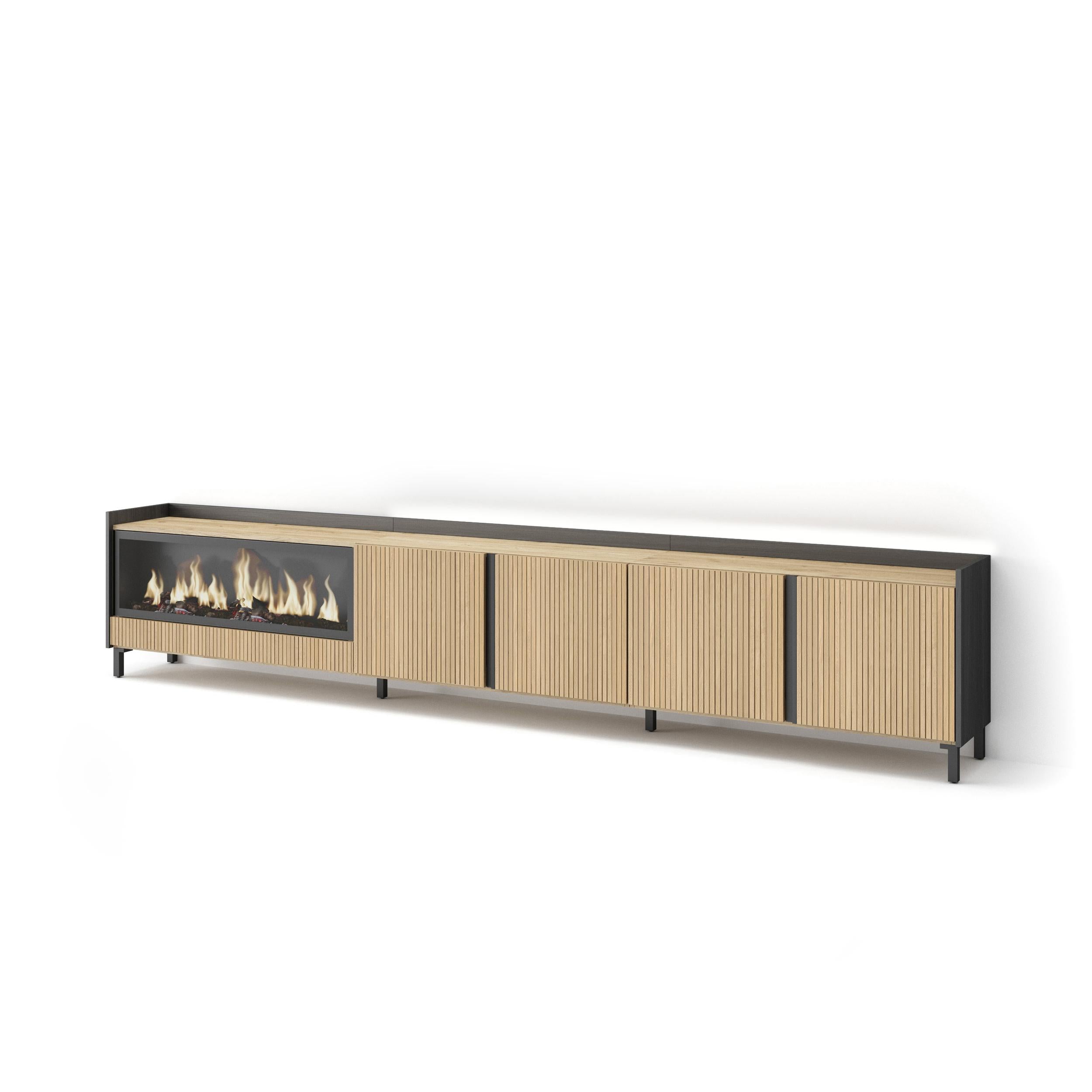 Meuble TV Led 315x61x35 cm Pour les TV jusqu'à 80" Cheminée électrique à gauche XXL Design industriel Chêne et noir