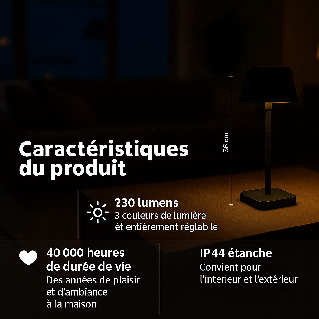 FlinQ - Lampe de table - Rechargeable - Intensité variable avec mode mémoire - 3 niveaux d'éclairage - 38 cm - Or