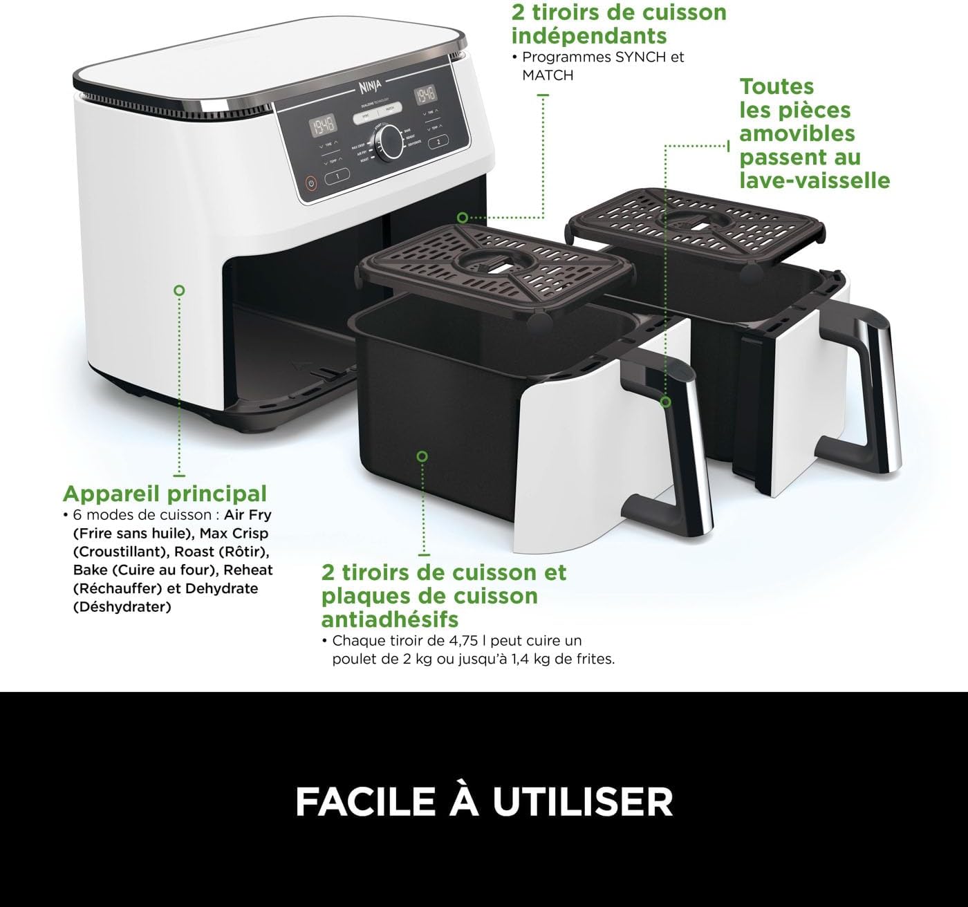 Airfryer Ninja Foodi MAX double compartiment 6-en-1, Blanche 9,5L