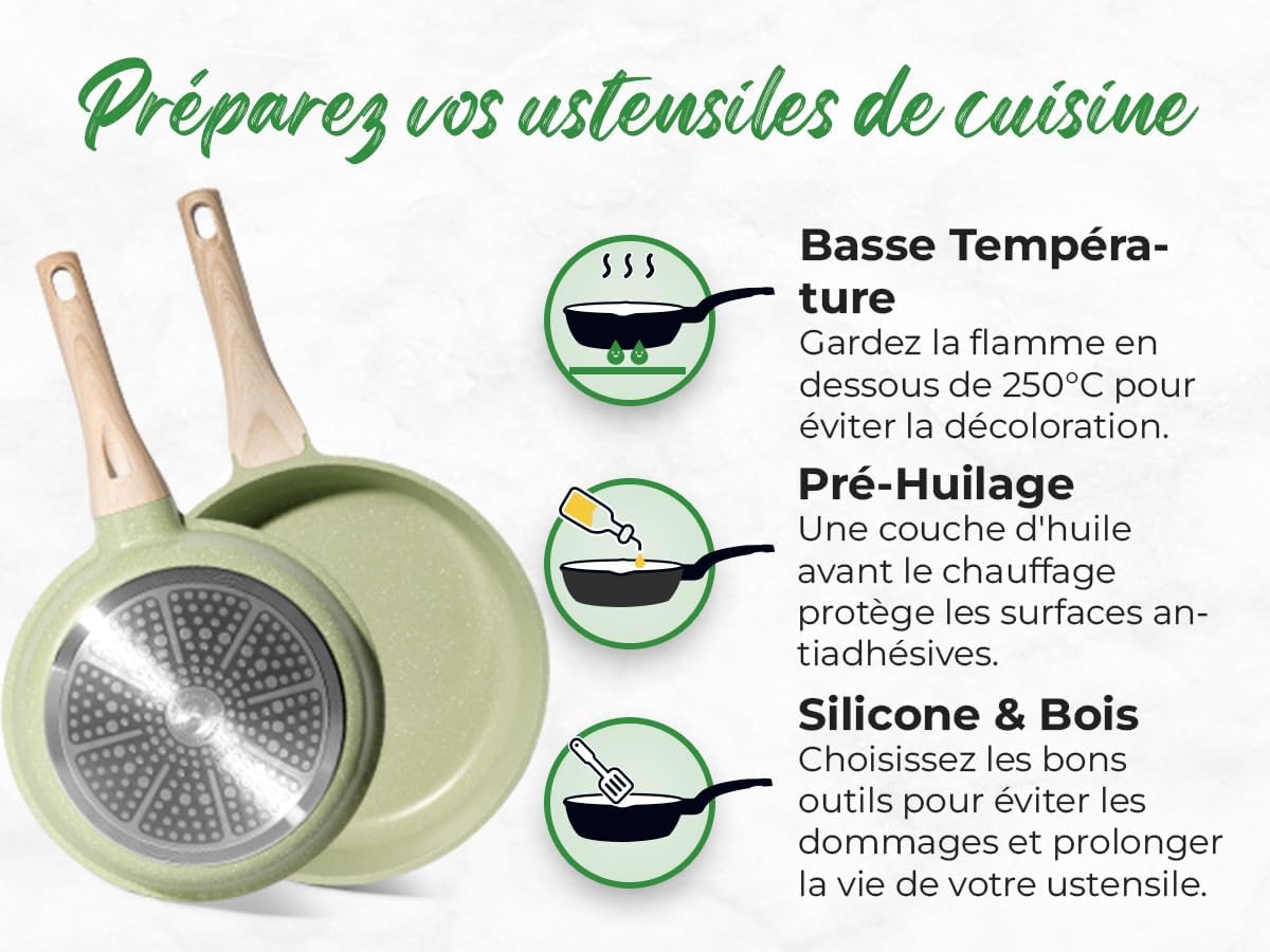 Batterie de cuisine 15 pièces antiadhésives en Granit vert - Tous feux dont induction
