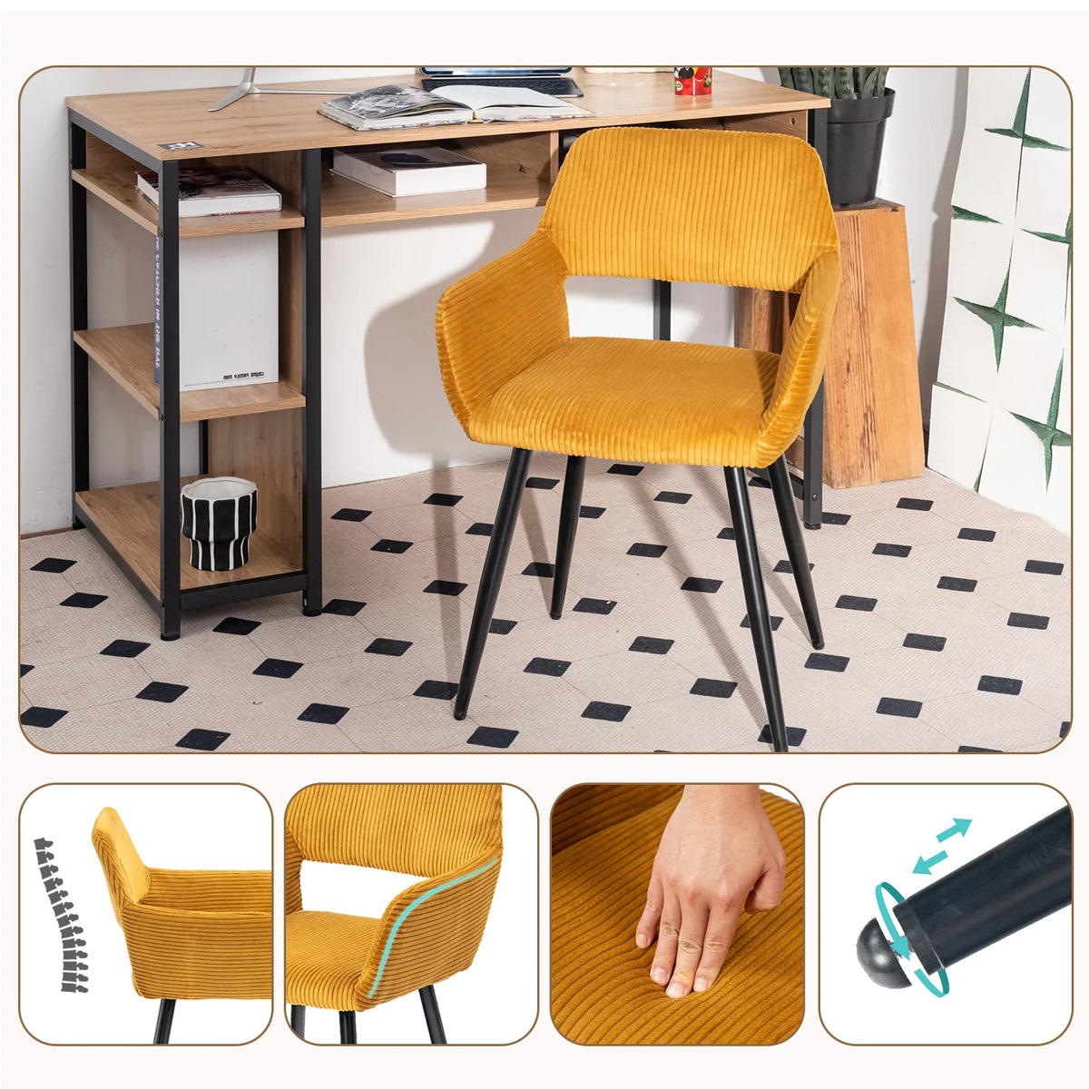 Ensemble de 2 fauteuils de salle à manger scandinaves avec accoudoirs en velours côtelé jaune Cromwell
