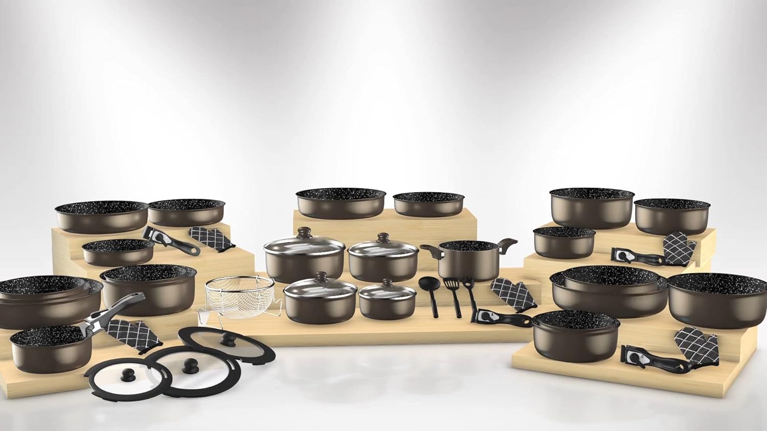 Batterie de cuisine revêtement pierre avec manche amovible 7 pièces Carbone