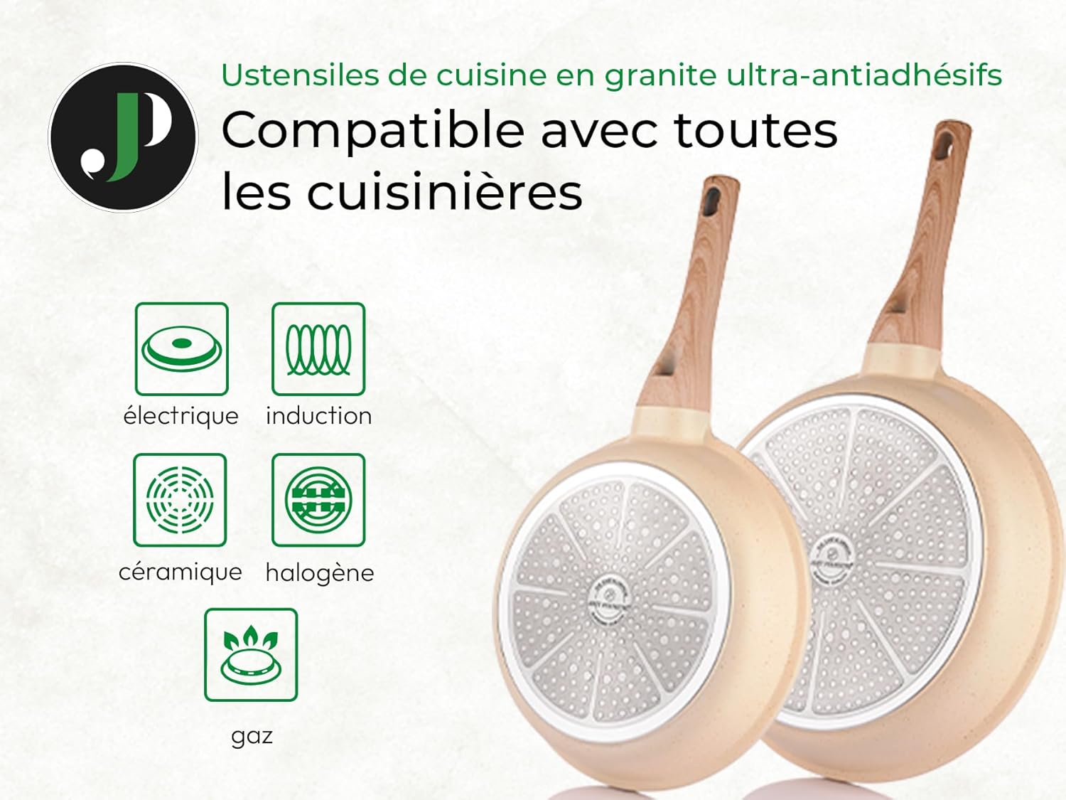 Batterie de cuisine 21 pièces antiadhésives en Granit beige - Tous feux dont induction