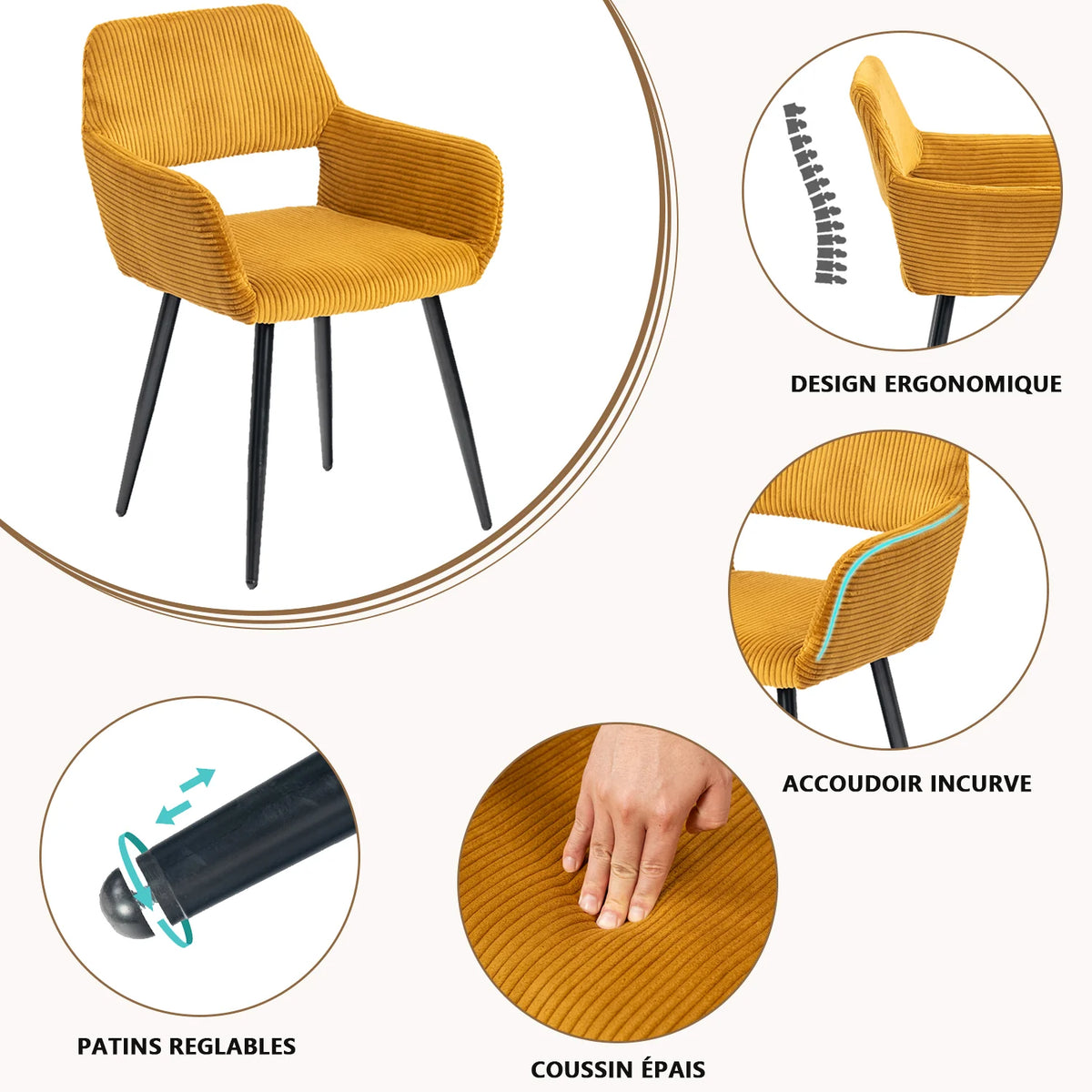 Ensemble de 2 fauteuils de salle à manger scandinaves avec accoudoirs en velours côtelé jaune Cromwell