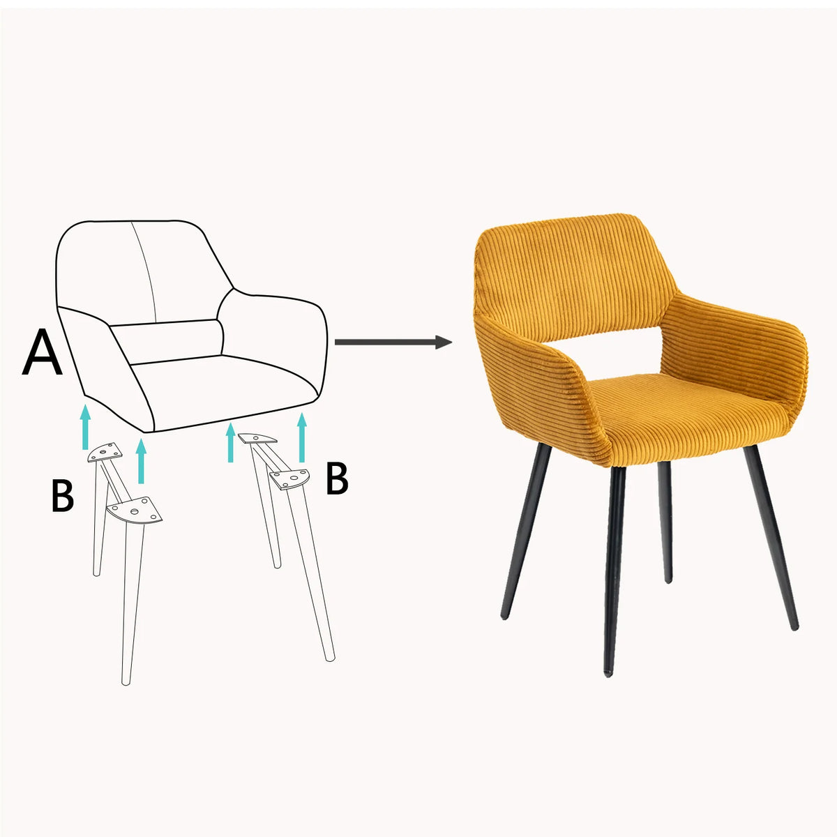 Ensemble de 2 fauteuils de salle à manger scandinaves avec accoudoirs en velours côtelé jaune Cromwell