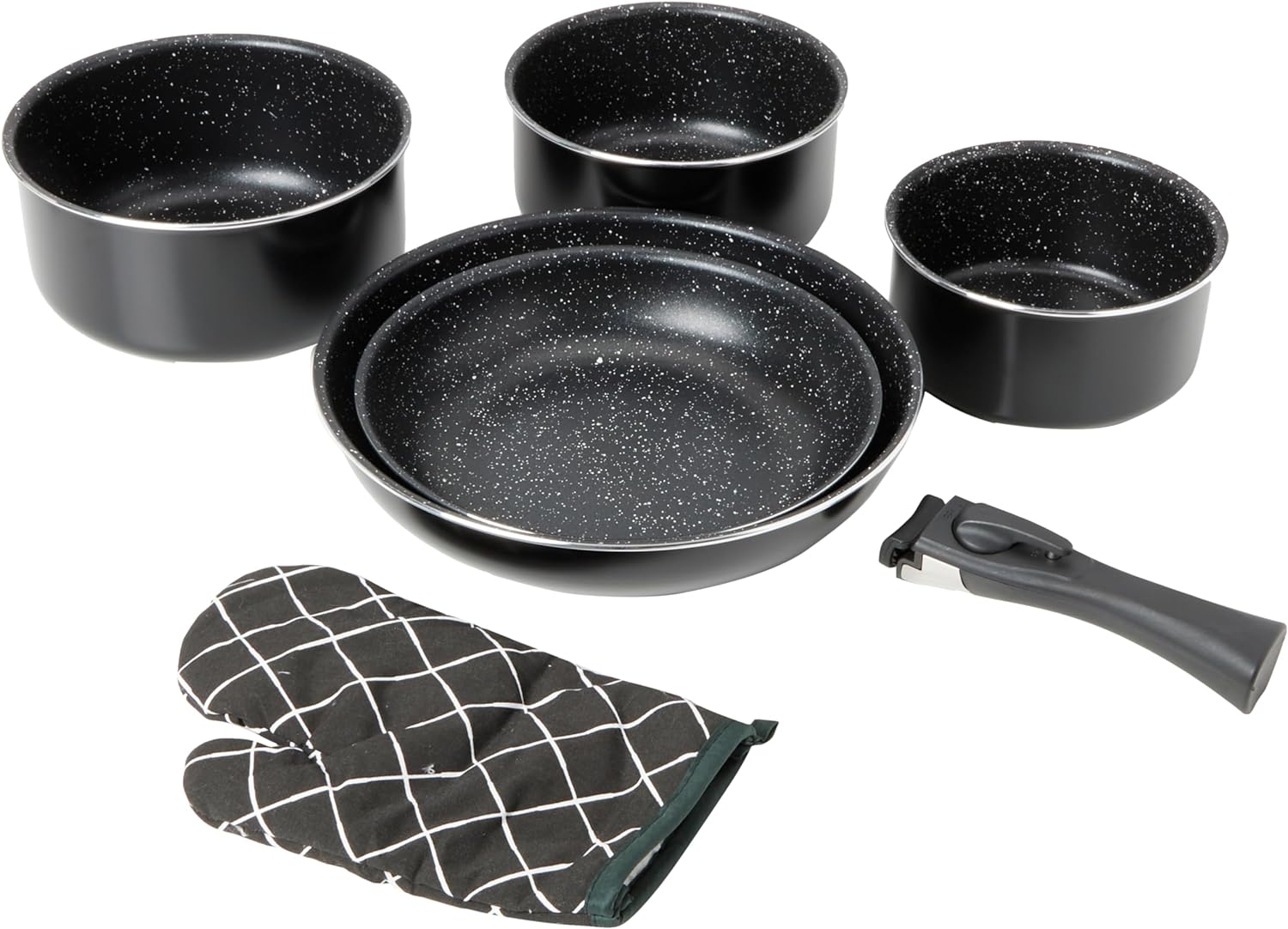 Batterie de cuisine revêtement pierre avec manche amovible 7 pièces noir