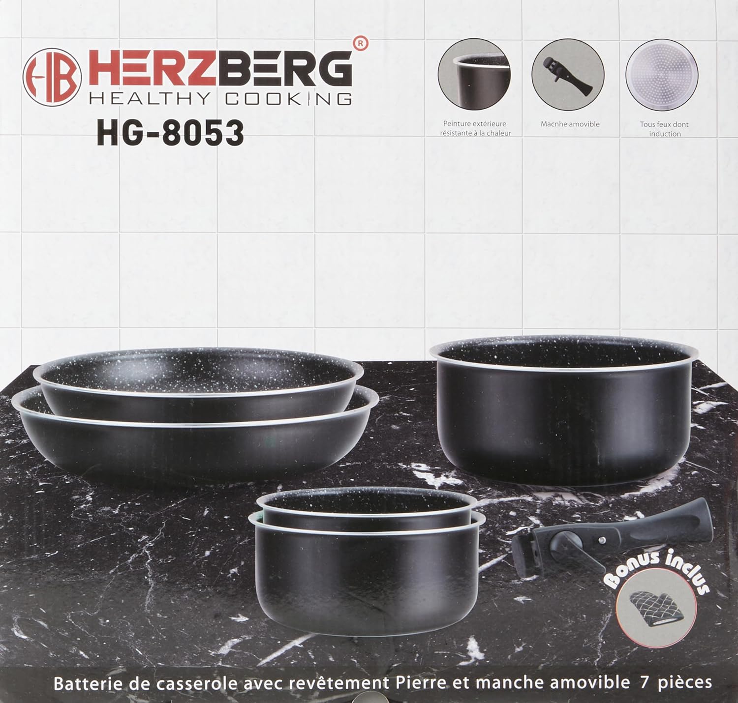 Batterie de cuisine revêtement pierre avec manche amovible 7 pièces noir