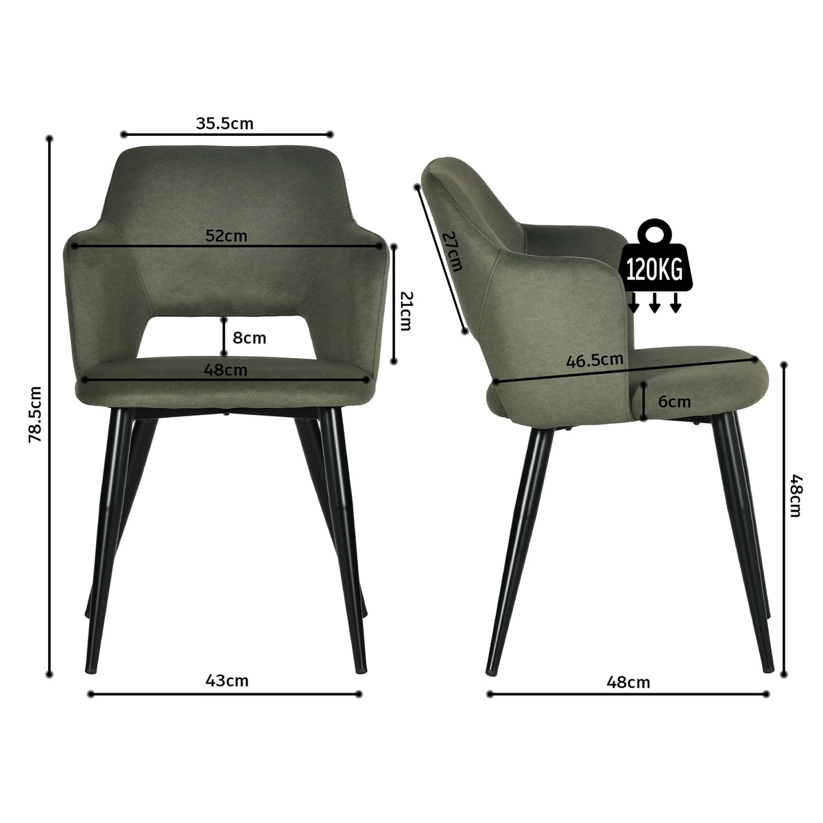 Bari & Akanji - Ensemble repas : table extensible noire 4 à 6 personnes et 4 fauteuils scandinaves en tissu vert