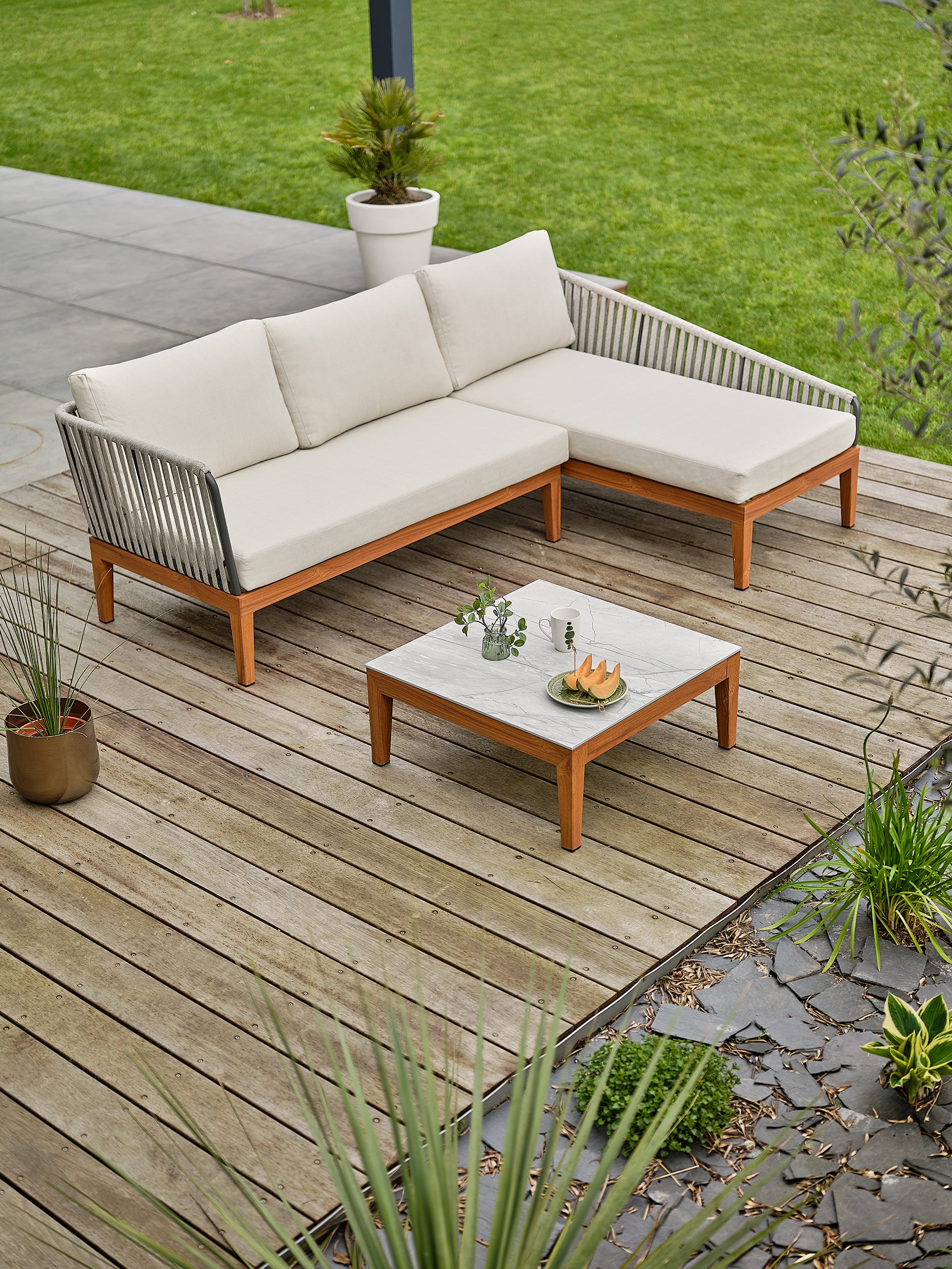 Salon bas de jardin Alphi en aluminium - Effet bois
