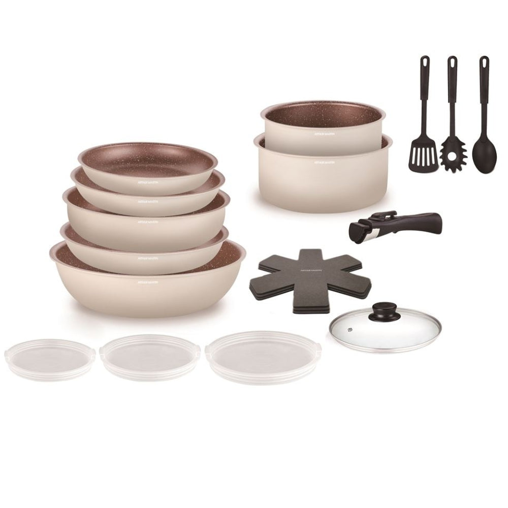 Batterie de Cuisine Arthur Martin 18 Pièces en Aluminium Tous Feux avec Ustensiles et Poignée Amovible
