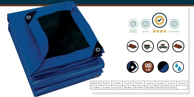 Bâche de protection renforcée 140 g / m2 - Noire et bleue