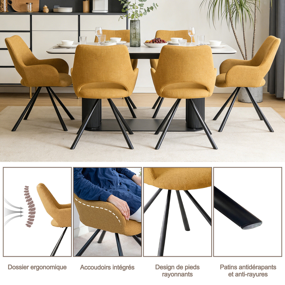 Beth - Ensemble de 2 chaises de salle à manger contemporaines en tissu jaune, pieds en métal jaune