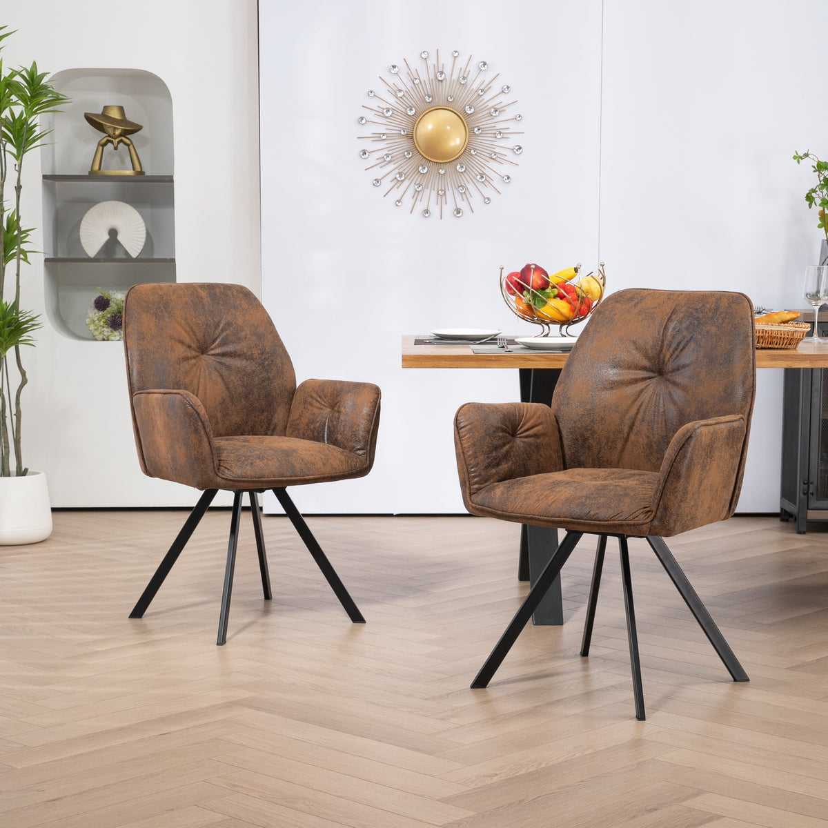 Ensemble de 2 chaises de salle à manger pivotantes 360° en suédine brune avec accoudoirs