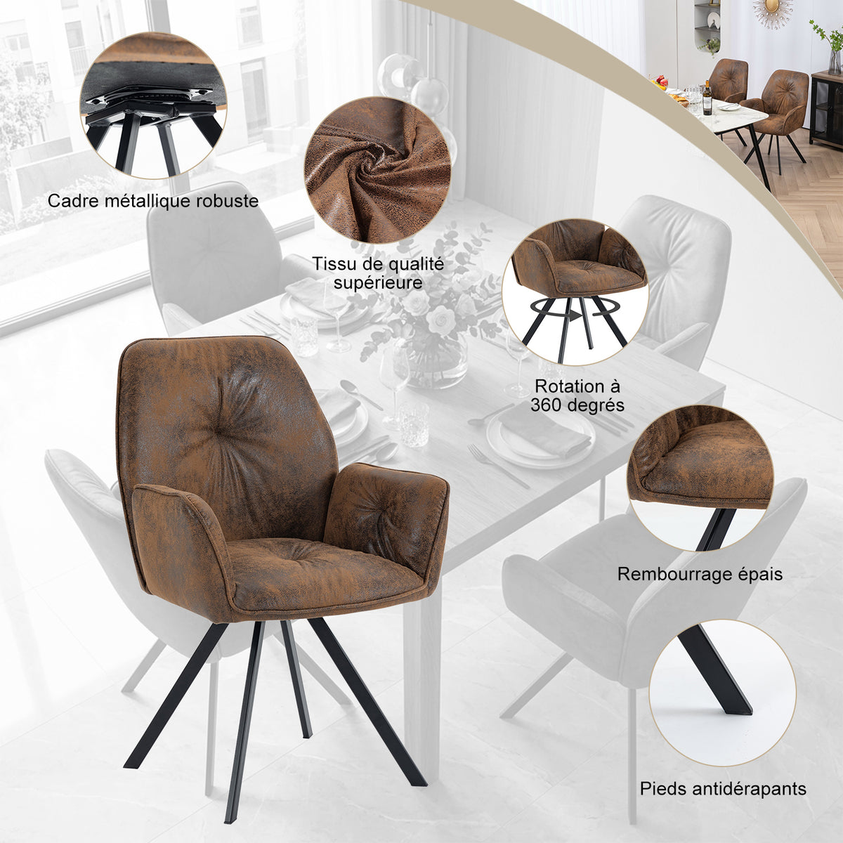 Ensemble de 2 chaises de salle à manger pivotantes 360° en suédine brune avec accoudoirs