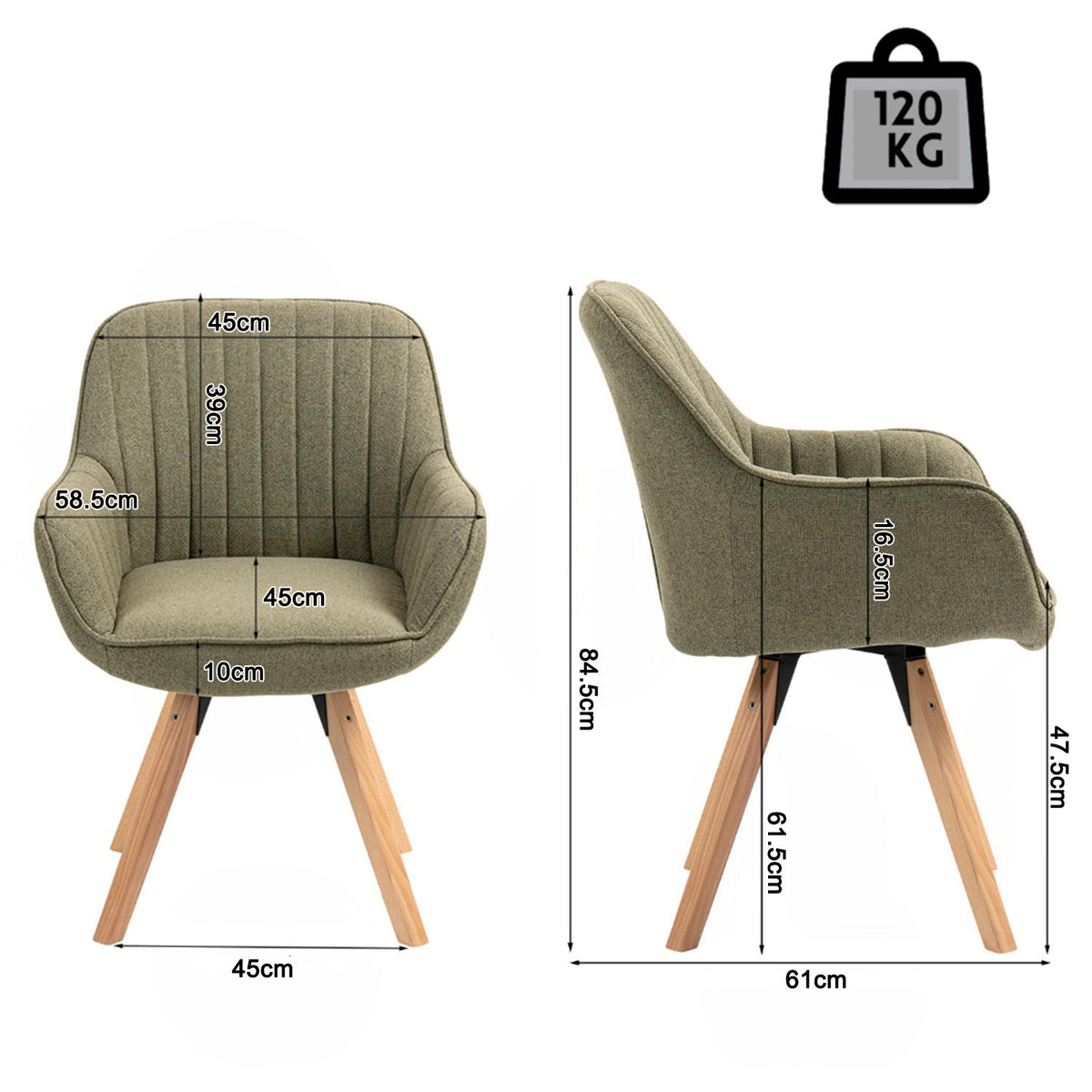 Carson - Chaise de salle à manger pivotante 360° en tissu vert avec accoudoirs et pieds en bois