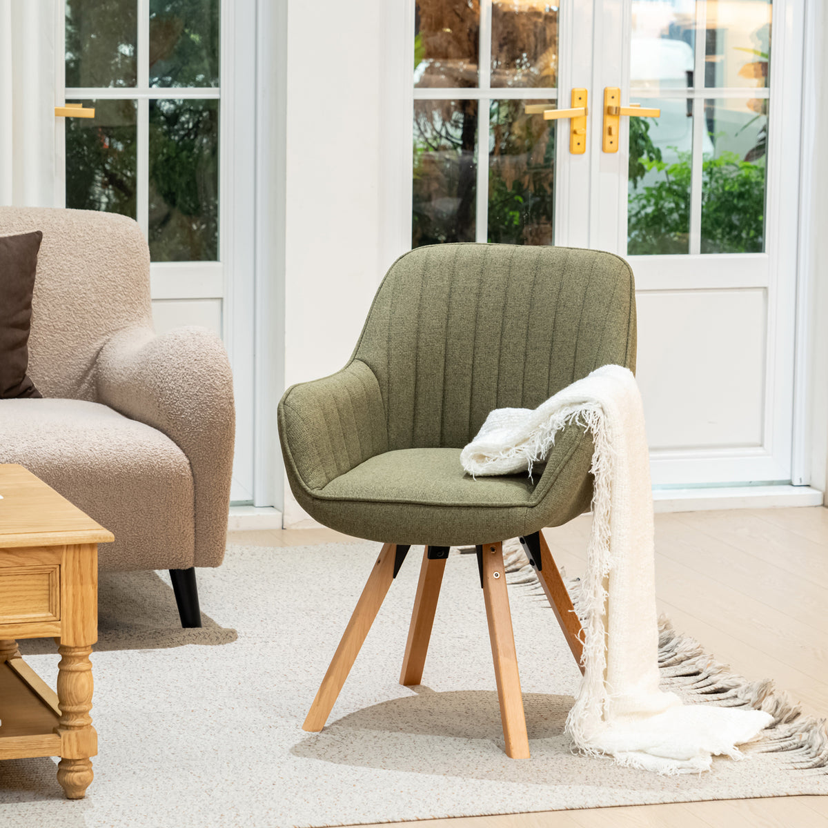 Carson - Chaise de salle à manger pivotante 360° en tissu vert avec accoudoirs et pieds en bois