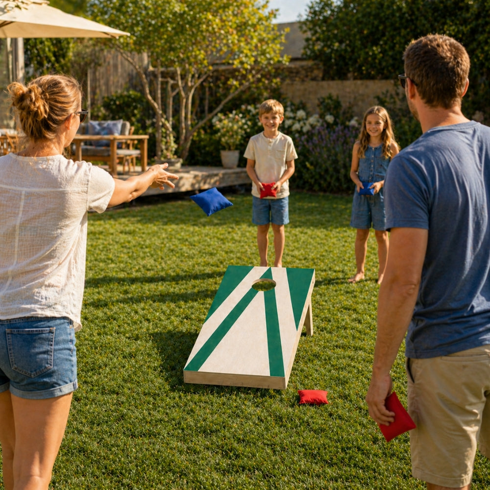 Jeu de Cornhole en Bois – Planche + 8 Sacs Colorés | Jeu d’Adresse Extérieur pour Jardin & Famille