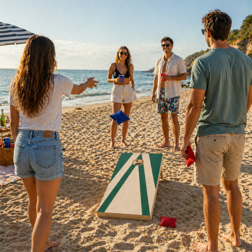 Jeu de Cornhole en Bois – Planche + 8 Sacs Colorés | Jeu d’Adresse Extérieur pour Jardin & Famille