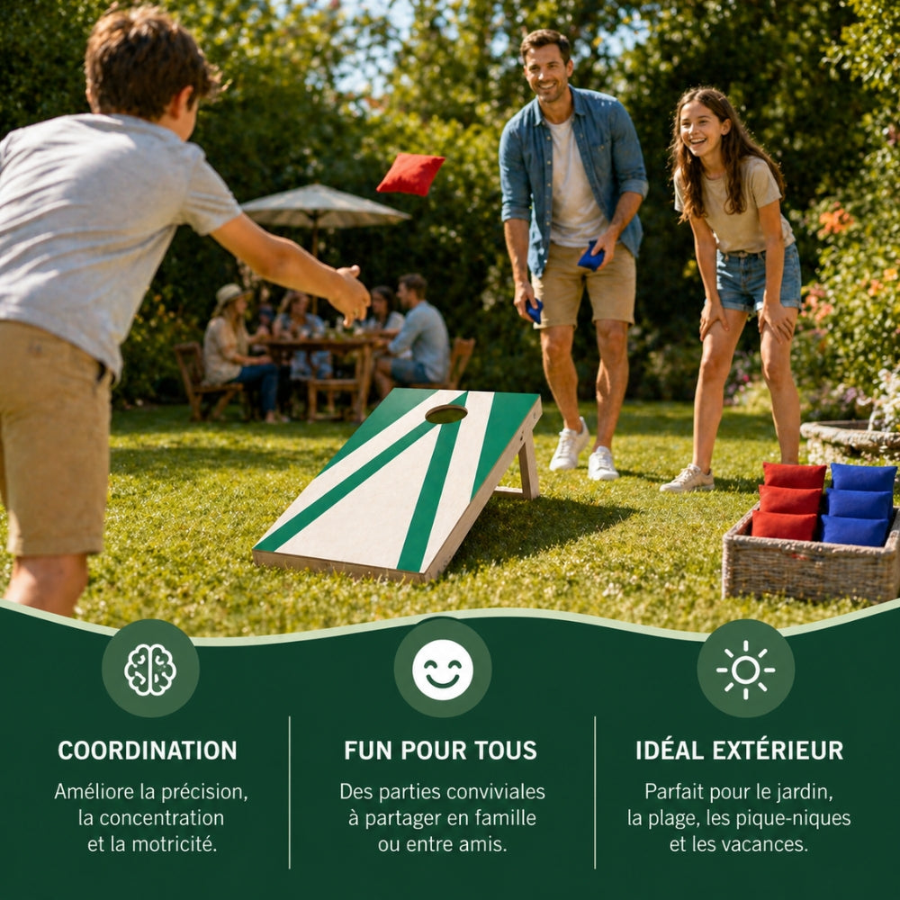 Jeu de Cornhole en Bois – Planche + 8 Sacs Colorés | Jeu d’Adresse Extérieur pour Jardin & Famille