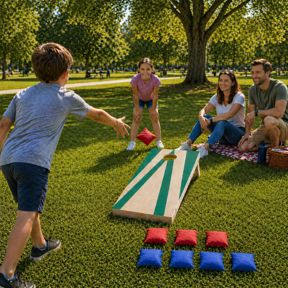Jeu de Cornhole en Bois – Planche + 8 Sacs Colorés | Jeu d’Adresse Extérieur pour Jardin & Famille