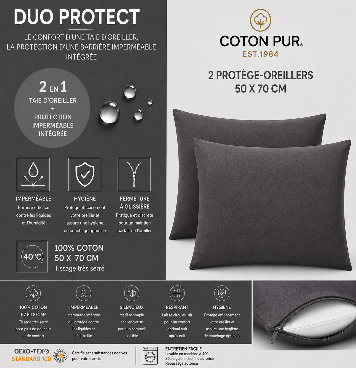 Lot de 2 Taies d'oreiller "Duo Protect" imperméable 100% Coton 57 fils/cm² 50 x 70 cm Ardoise