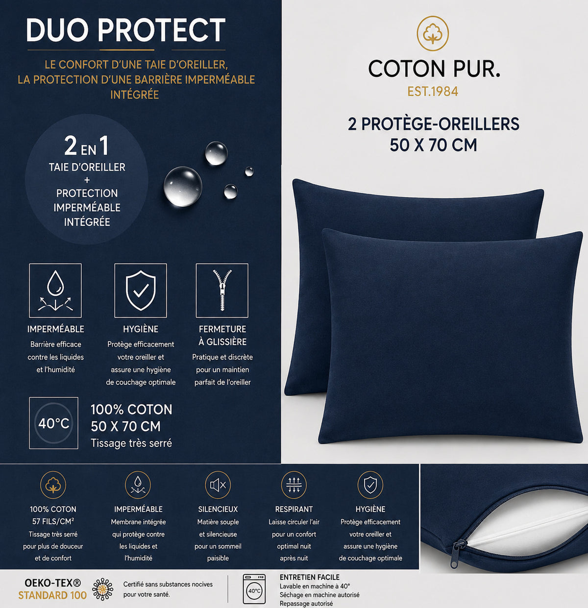 Lot de 2 Taies d'oreiller "Duo Protect" imperméable 100% Coton 57 fils/cm² 50 x 70 cm Bleu Nuit