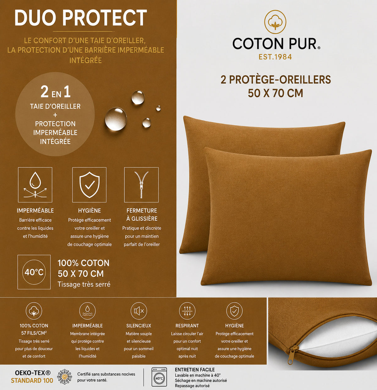 Lot de 2 Taies d'oreiller "Duo Protect" imperméable 100% Coton 57 fils/cm² 50 x 70 cm Caramel