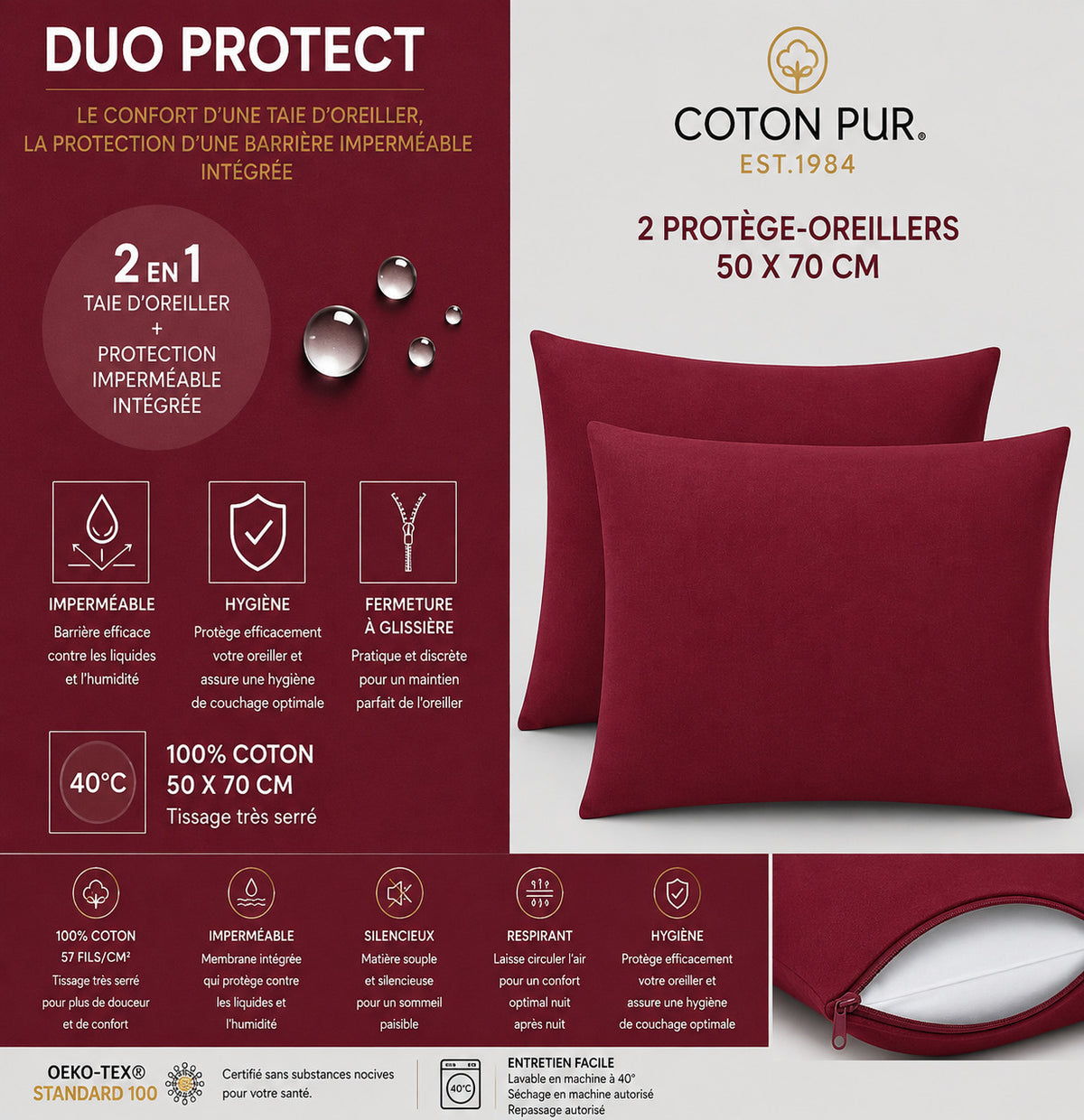 Lot de 2 Taies d'oreiller "Duo Protect" imperméable 100% Coton 57 fils/cm² 50 x 70 cm Grenat