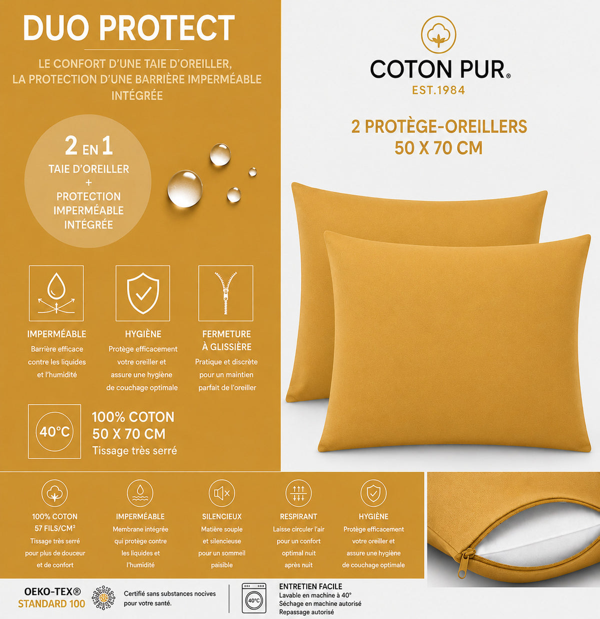 Lot de 2 Taies d'oreiller "Duo Protect" imperméable 100% Coton 57 fils/cm² 50 x 70 cm Miel