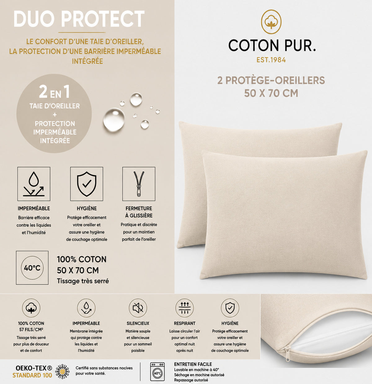 Lot de 2 Taies d'oreiller "Duo Protect" imperméable 100% Coton 57 fils/cm² 50 x 70 cm Sable
