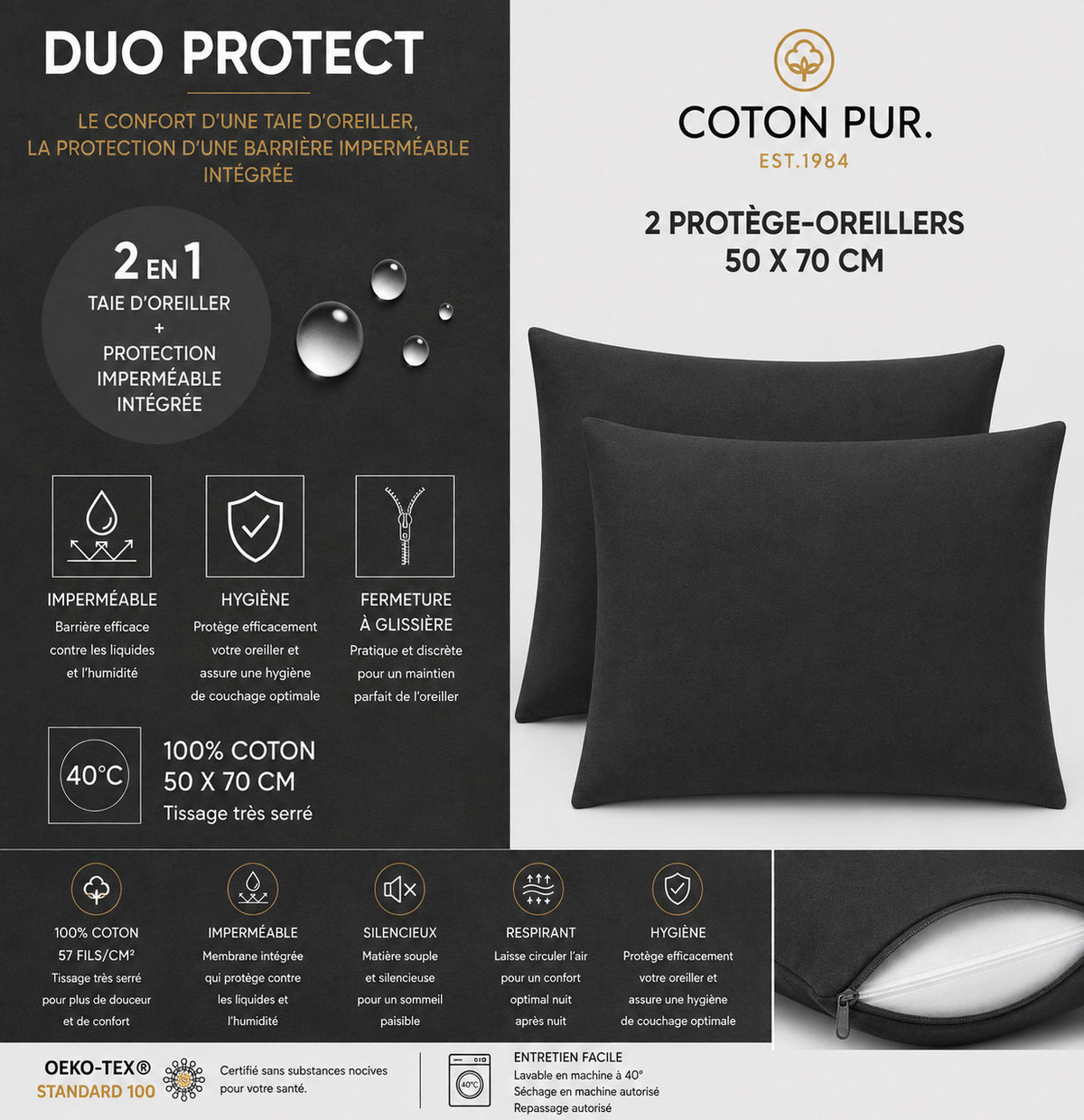 Lot de 2 Taies d'oreiller "Duo Protect" imperméable 100% Coton 57 fils/cm² 50 x 70 cm Truffe