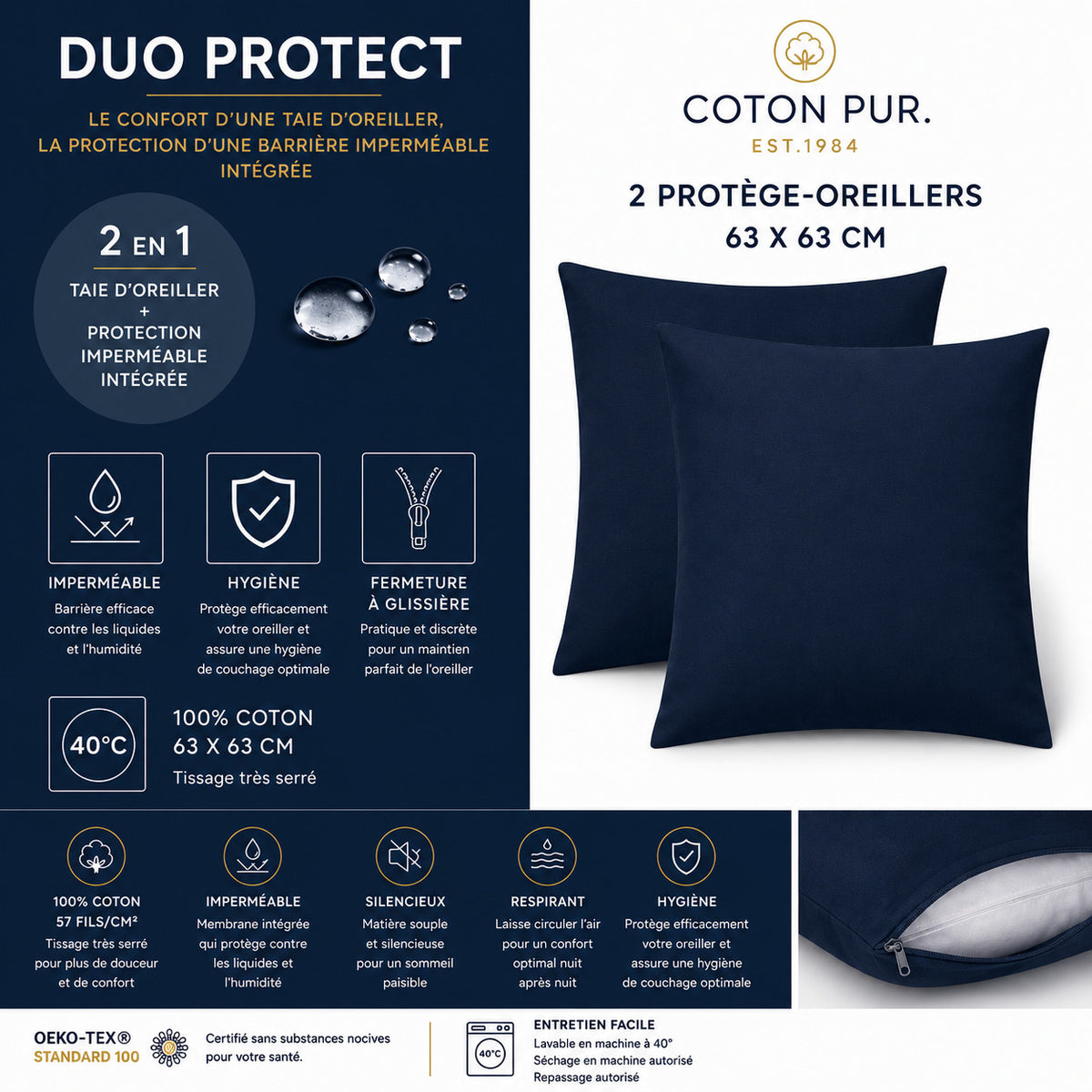Lot de 2 Taies d'oreiller "Duo Protect" imperméable 100% Coton 57 fils/cm² 63 x 63 cm Bleu Nuit