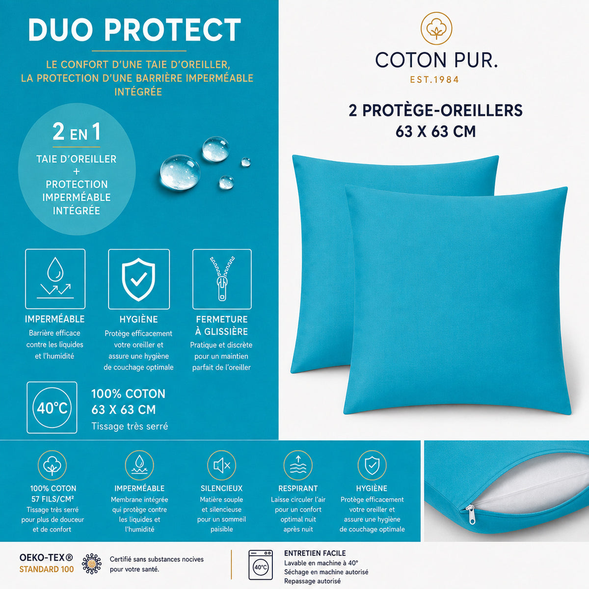 Lot de 2 Taies d'oreiller "Duo Protect" imperméable 100% Coton 57 fils/cm² 63 x 63 cm Cyan