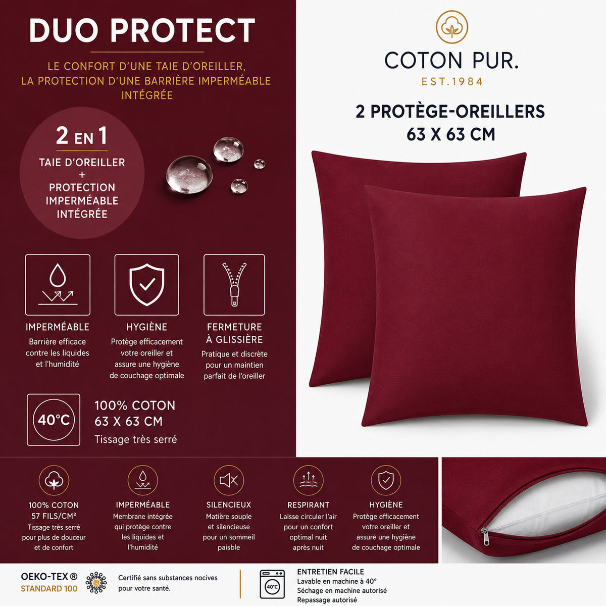 Lot de 2 Taies d'oreiller "Duo Protect" imperméable 100% Coton 57 fils/cm² 63 x 63 cm Grenat