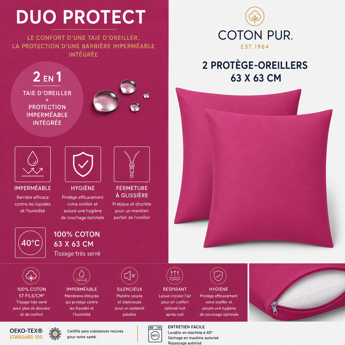 Lot de 2 Taies d'oreiller "Duo Protect" imperméable 100% Coton 57 fils/cm² 63 x 63 cm Magenta